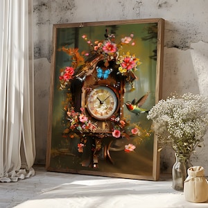 Schwarzwald Cuck Cuck-Uhren Poster mit Colibri und Schmetterlingen | Natur-inspirierte Wandkunst | Kuck Kuck | Cuckoo Clock Kunstdruck