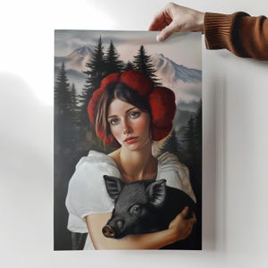 Schwarzwald Mädchen mit Wildschwein - Fine Art Poster im Bollenhut-Stil