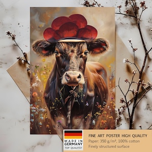 Premium Art Poster Schwarzwald-Kuh mit Bollenhut, Schwarzwald Wandkunst, Traditionelle Kuh Malerei, Kuh Bild Leinwand, Schwarzwald Gemälde