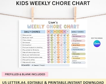 Weekly Chore Chart for Kids,EDITABLE Kids Weekly Responsibility Chart,Kids Chore List,Kids Daily Routine Checklist,Daily Chores,US Letter,A4