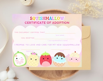 Instant Download Squish Adoption Certificate Printable, Editable Adopt a Squish Pillow Pet Certificate Printable, Squish Adoption