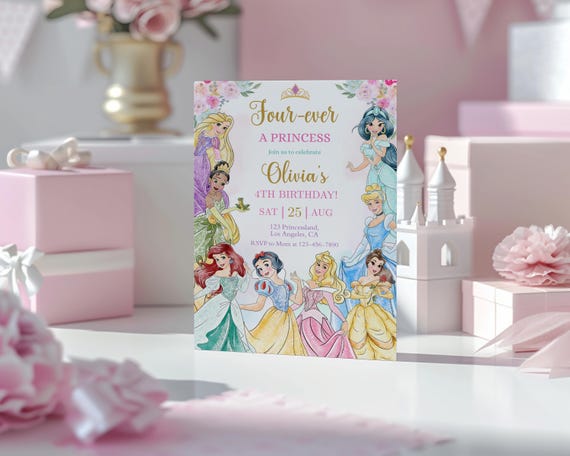 Four Ever A Princess Birthday Invitation, EDITABLE Fourever A Princess Invitation,Girl 4th Birthday Invite Pink Princess Party Royal Theme
