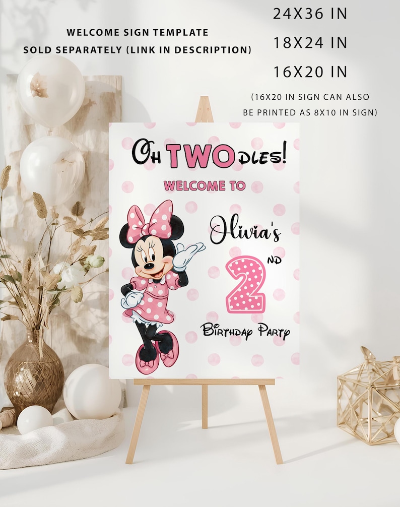 Editable Oh TWOdles Birthday Invitation,Pink Girl Digital 2nd Birthday Cute Mouse Invite,Oh Twodles Invite Boho Minnie Invite Template image 2