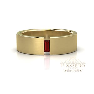 Men's Ruby Band, Yellow Gold Mans Wedding Band, Unisex Brushed Finish Ring, Silver, Gold, Or Platinum, 6mm Wide Wedding Ring, Red Baguette