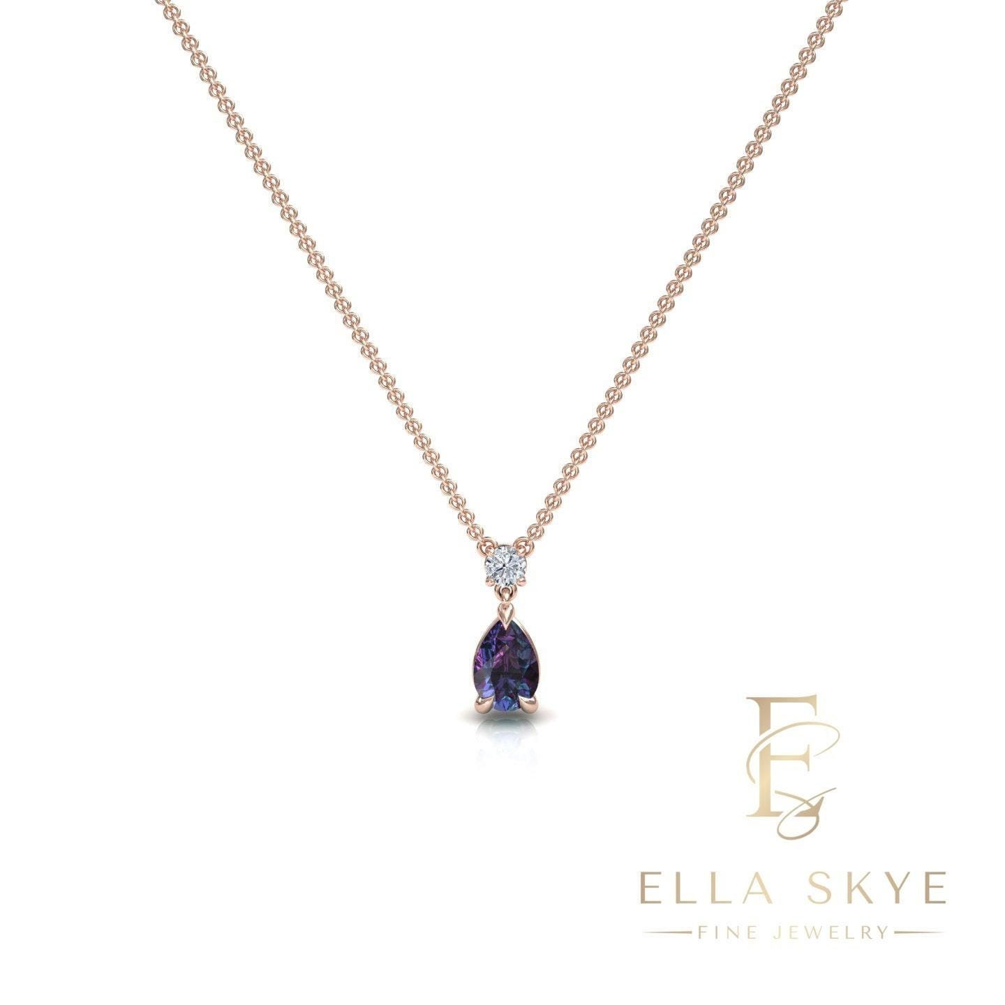 Pear Shaped Alexandrite Necklace Rose Gold June Birthstone Pendant Women Anniversary Bridal Gift, Valentines, Solid Silver Gold Or Platinum