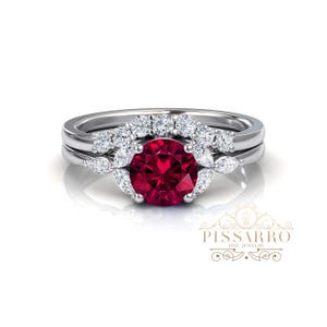 Unique Round Cut Lab Grown Ruby Engagement Ring. Solid Gold or Silver Cluster Ring. 2pc Option Curved Bridal Wedding Anniversary Band Set