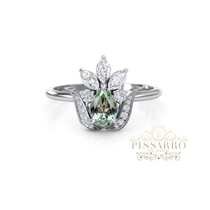 Pear Shaped Green Amethyst Engagement Ring. Vintage Unique Rose Gold Marquise Round Cut Diamond Cluster Floral Dainty Alt Bridal Proposal