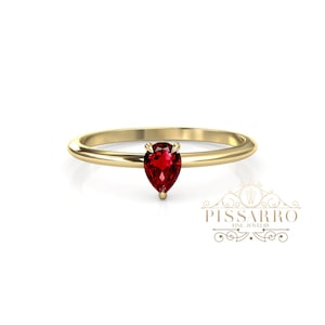 Teardrop Red Ruby Minimalist Engagement Ring, Pear Shape Stacking, July Birthstone Anniversary Gift For Her, Solid Silver Gold Or Platinum