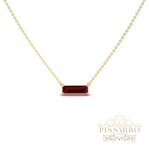 Red Ruby Necklace, Womens Yellow Gold East West Baguette Pendant, Silver Gold Or Platinum Anniversary Gift Her Stacking Layering Bar Pendant