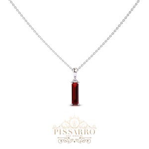 Red Ruby Necklace, Women's White Gold Solitaire Baguette Pendant, Silver Gold Or Platinum Anniversary Gift For Her Stacking Layering Jewelry