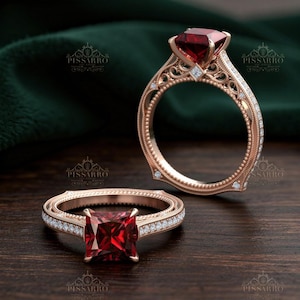 Ruby Engagement Ring Set, Princess Cut Center, Bridal Wedding Jewelry, Plated Or Solid Rose Gold