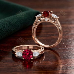 Ruby Engagement Ring, Three Stone Rings, Pear Shape Diamonds, Gold Wedding Set