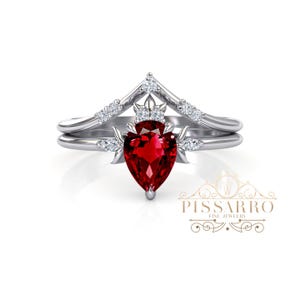 Tear Drop Lab Ruby Bridal Ring. Alternative Engagement Ring Set. Art Deco Style July Birthstone Rings. Rose Gold Anniversary, Proposal Band