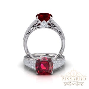 Ruby Engagement Ring, 3 Carat Cushion Cut Gemstone, Pave Diamonds, Solid Gold Or Platinum