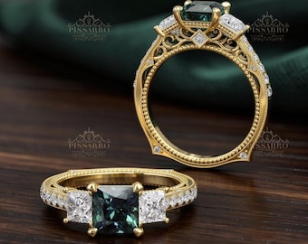 Peacock Sapphire Engagement Ring, Teal Sapphire Princess Cut Three Stone Ring, Bridal Wedding Jewelry, Plated Or Solid Yellow Gold