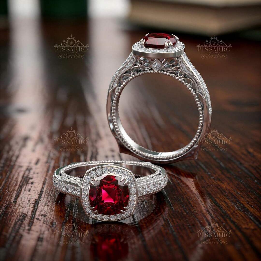 2ct Ruby Engagement Ring, Cushion Cut Halo Rings, Silver, White Gold or ...