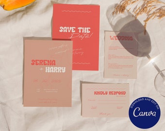 Wedding template stationery save the date rsvp details cards minimal invitation printable editable canva with illlustrations WED01