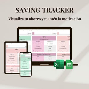 Puede incluir: Un rastreador de ahorro digital que se muestra en una tableta, un ordenador portátil y un smartphone. Las pantallas muestran una hoja de cálculo con secciones codificadas por colores rosa y verde. El texto "SAVING TRACKER" y "Visualiza tu ahorro y mantén la motivación" están en la parte superior.
