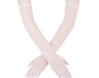 May include: Sheer, pale pink gloves with long sleeves, adorned with scattered, small, white pearls. The gloves are made of a delicate, see-through fabric, and the fingers are clearly defined. The gloves are designed to extend past the elbow.