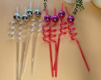 Disco Ball Swirly Straws: Retro 70's Party Decor (6PCS)
