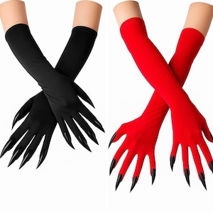 May include: Two pairs of long gloves, one black and one red. Both have long, pointed black fingernails. The black gloves are crossed over each other, as are the red gloves. The gloves extend up the arm.