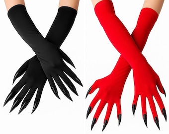 Lange nagel vampierhandschoenen, zwarte en rode elastische heksenklauwhandschoenen met scherpe nagels, gotische Halloween-cosplay, duivelsspook kostuumaccessoires