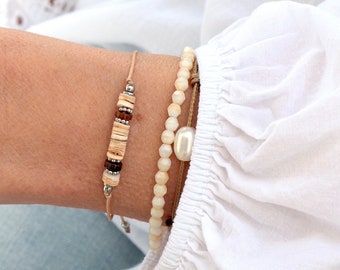 Bracelet perles coquillages heishi et perles acier sur cordon,bracelet femme en argent ou doré look boho surf,cadeaux pour elle