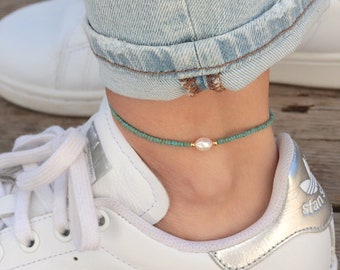 Bracelet de cheville perle d'eau douce et perles turquoises marbrées sur cordon,bracelet fin réglable pour femme,cadeaux pour elle