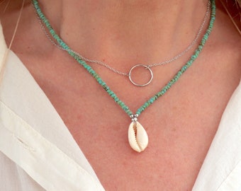 Collier coquillage sur cordon perles rocailles turquoises style boho surf,collier d'été femme réglable,cadeaux pour elle
