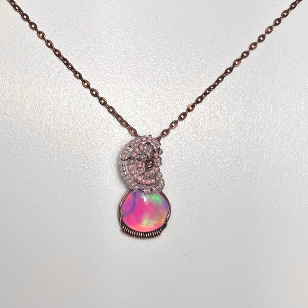 Bar copper wrapped Lavender and Pink Aurora Opal doublet pendant