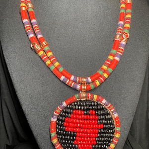 Hand Beaded Africa Pendant Necklace: Copper Accents, Woven Cord