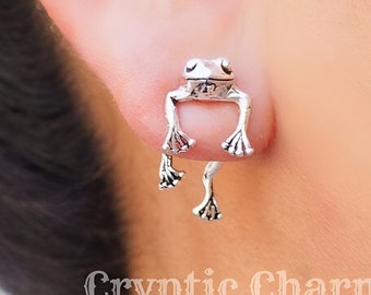 Frog Earrings Studs: Frog Front Back Earrings, Frog Ear Jewelry, Cute Frog Earrings, Fun Animal Silver Earrings, Green Frog Earrings