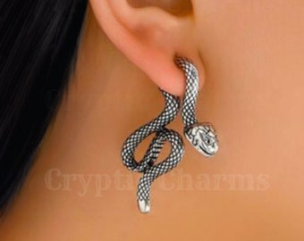 Snake Earrings: Snake Ear Cuffs, Snake Front-Back Earring, Silver Snake Stud Earring, Emo Earring, Edgy Earring, Goth Punk Aesthetic Jewelry