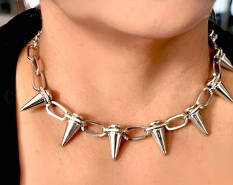 Spike Choker: Spiked Choker Necklace, Spike Necklace, Spike Collar, Silver Spikes Paperclip Chain, Emo Collar, Spike Choker Chain, Gothic