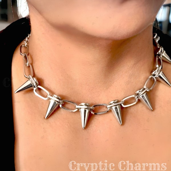 Spike Choker: Spiked Choker Necklace, Spike Necklace, Spike Collar, Silver Spikes Paperclip Chain, Emo Collar, Spike Choker Chain, Gothic