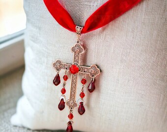 Goth Cross Necklace: Bloody Cross, Gothic Cross With Blood, Goth Cross Pendant, Goth Rosary, Halloween Jewelry, Cross Necklace, Goth Jewelry