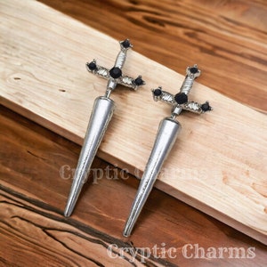 Sword Earrings: Dagger Earrings, Sword Front Back Ear Jackets, Emo Earrings, Edgy Earrings, Goth Punk Aesthetic Jewelry, Medieval Jewelry Srebro