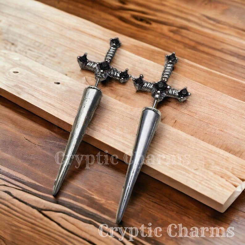 Sword Earrings: Dagger Earrings, Sword Front Back Ear Jackets, Emo Earrings, Edgy Earrings, Goth Punk Aesthetic Jewelry, Medieval Jewelry zdjęcie 6