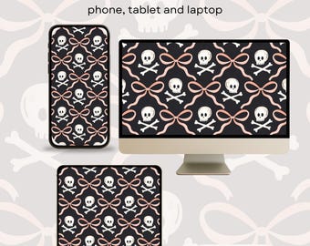 Pink Skulls and Bows Wallpaper: Goth Girly Digital Download