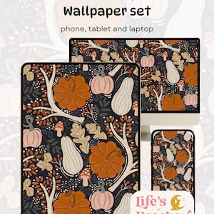 May include: A wallpaper set featuring an autumn theme with pumpkins, gourds, and leaves. The design is displayed on a tablet, phone, and laptop screen. The text reads "Autumn Pumpkins Wallpaper set" and "phone, tablet and laptop".
