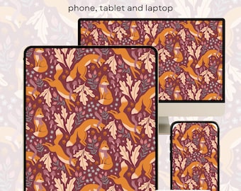 May include: A digital wallpaper set featuring a repeating pattern of orange foxes, beige leaves, and mushrooms on a burgundy background. The text "Cosy Fox Wallpaper set" is displayed above the devices, which include a phone, tablet, and laptop.
