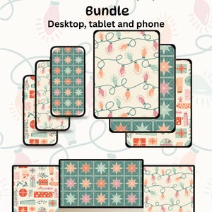 Könnte beinhalten: Grafik eines Weihnachtstapeten-Bundles mit Desktop-, Tablet- und Telefon-Displays. Die Bildschirme zeigen festliche Muster aus Lichterketten, Sternen und Geschenkboxen in einer sanften Farbpalette.