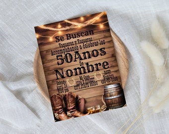 May include: A rustic wooden invitation with string lights and a cowboy boot theme. The text reads "Se Buscan Vaqueros y Vaqueras Accompañanos a celebrar los 50 Anos de Nombre Sabado April 24 5:00 pm Mi Casa 1234 E STREET CITY STATE 85000 RSVP Nombre 480-00-0000".