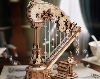 Magic Harp Music Box DIY Wooden Puzzle Kit, Plays Melody, 3D Wooden Model Kit, Mechanical Music Box, Gift for Music Lovers, Adult Craft Kit