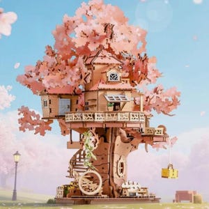 Rompecabezas de madera 3D Sakura Tree House / Kit de modelo de cerezo japonés en flor