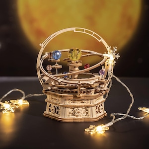 Solar System Music Box Kit | 3D Wooden Mechanical Orrery Model | DIY Planetarium Puzzle with Gear Rotation & Lights | Music Gift for Adults