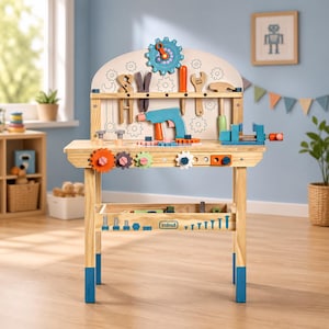May include: A wooden toy workbench with a light wood finish and blue accents. It features a variety of toy tools, gears, and a drill. The workbench has a pegboard back and a lower shelf for storage. The word "robud" is printed on the shelf.