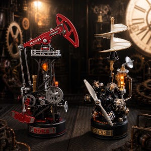 May include: Two ROKR mechanical model kits on circular black bases. The left model is a red and black oil pump jack with gears and a platform. The right model is a black engine with a silver propeller, a spiral top piece, and a small satellite dish.