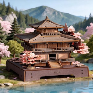May include: A wooden model of a multi-tiered temple structure featuring dark brown roof eaves, light brown walls, and intricate railings. The base is labelled with the text Rolife and is surrounded by pink cherry blossom trees on a platform.