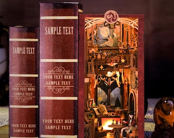 Booknook DIY Kit-Flame Common Room with LED Lights, Gothic Miniature Bookshelf Insert, 3D Wooden Puzzle Craft, Bookend Decor Gift
